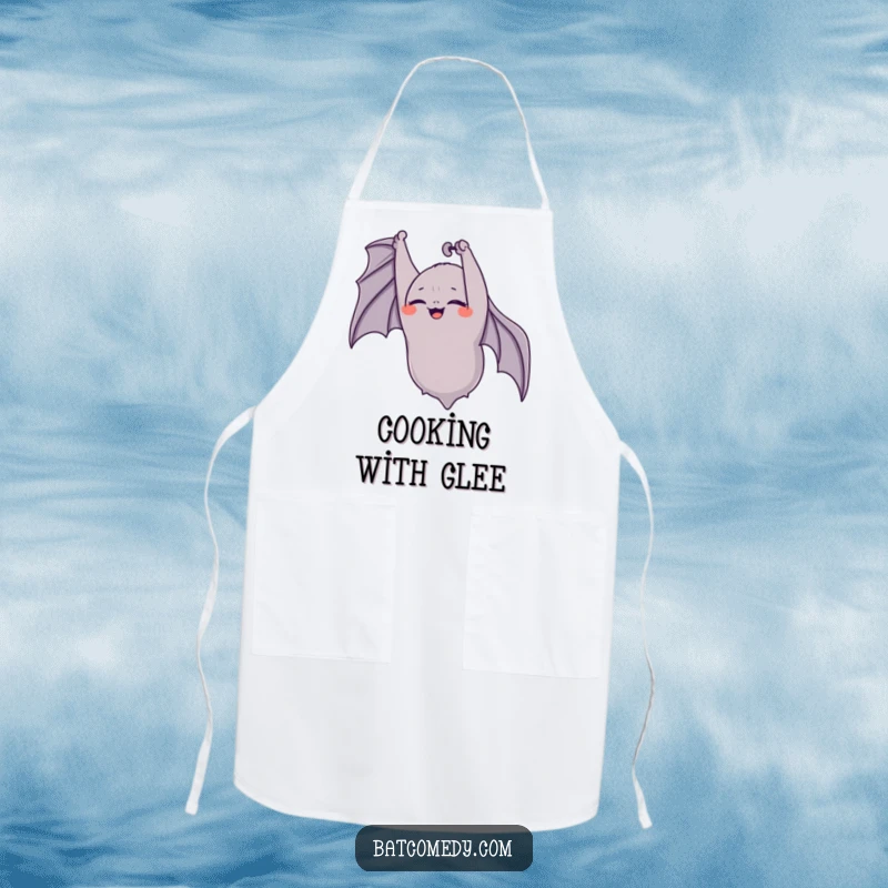 Funny bat apron showing an upside-down bat giggling with eyes closed, perfect for adding cheer to kitchen tasks.