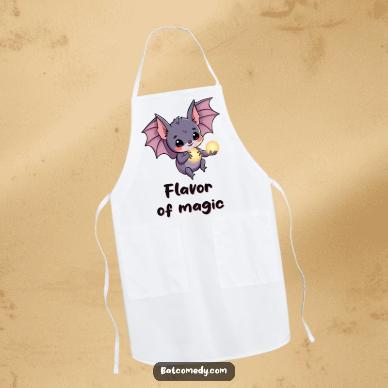 Funny bat apron showing a bat holding a tiny glowing orb in its claws, perfect for adding magic to kitchen tasks.