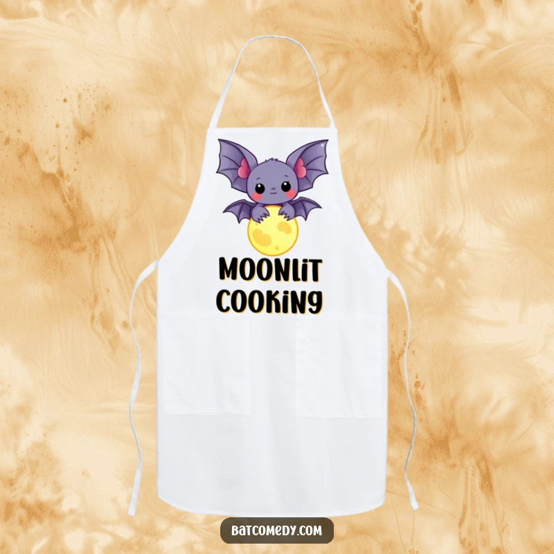Funny kawaii bat holding a glowing moon charm on a kitchen apron, designed for humorous and magical cooking.