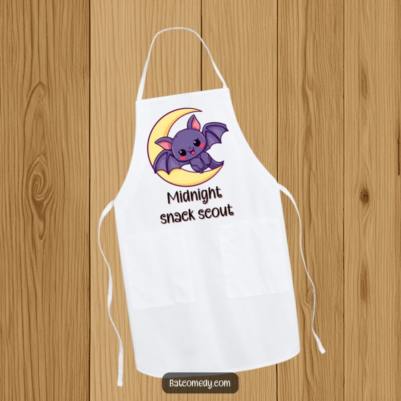 Funny apron showcasing a kawaii bat peeking with excitement from a crescent moon, ideal for kitchen fun and culinary adventures, a cute gift.