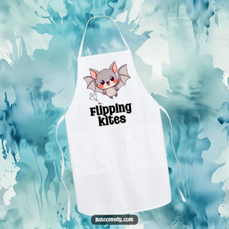 Funny kitchen apron with a black bat with excited eyes, attempting to fly a miniature kite.