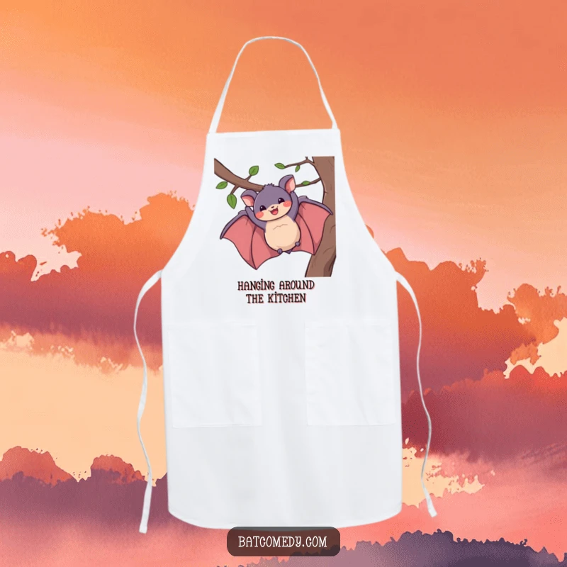 Funny apron with a cheerful bat hanging from a branch, sporting a big grin, perfect for a humorous cooking experience.