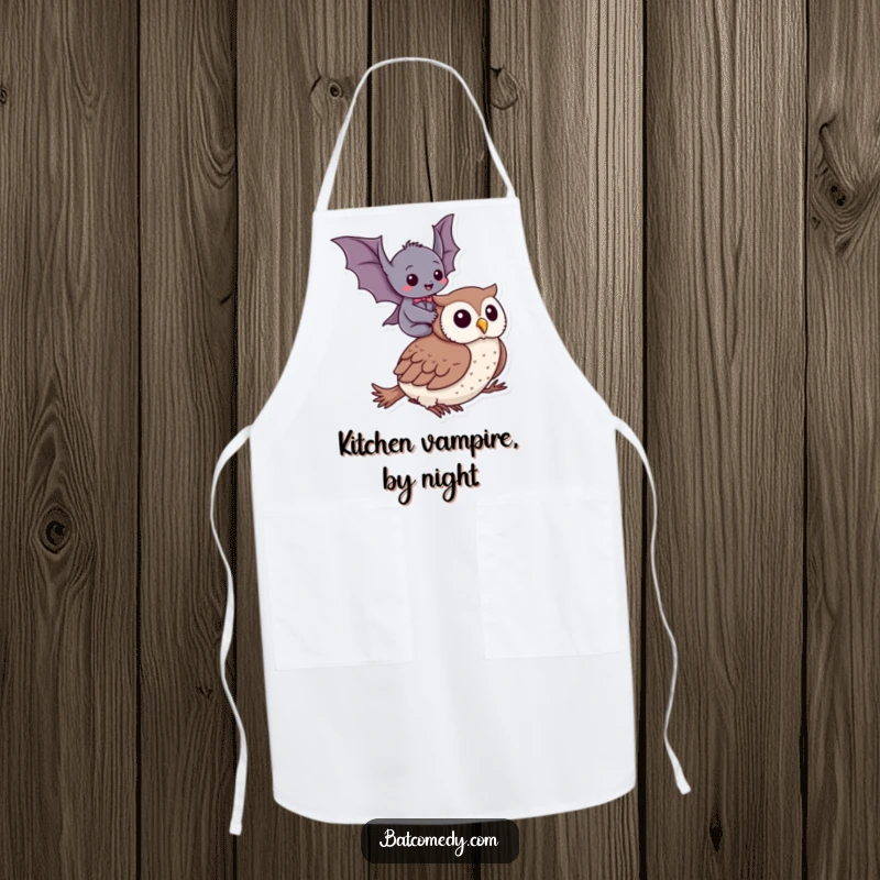 Funny apron illustrating a gleeful bat giggling during an owl ride, ideal for a humorous cooking experience.