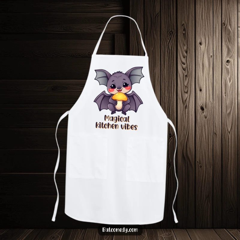 Funny apron showing a smiling bat holding a glowing mushroom, adding a touch of magic to kitchen duties.