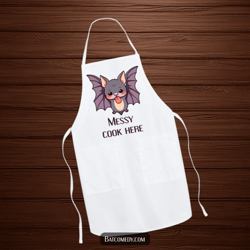 Funny apron depicting a cute bat hanging upside down with its tongue sticking out, adding humor to kitchen activities.