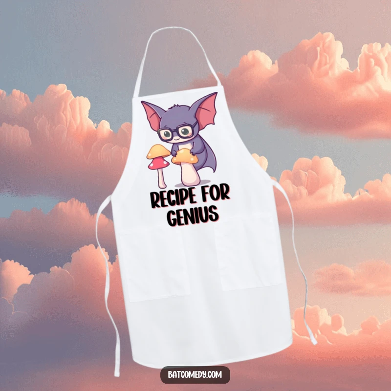 Funny spectacled bat apron showing a bat in glasses intently studying a glowing mushroom, ideal for chefs and home cooks.