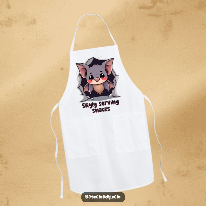 Funny apron with a shy bat peeking from its cave with a hesitant, sweet smile, ideal for a gentle cooking experience.