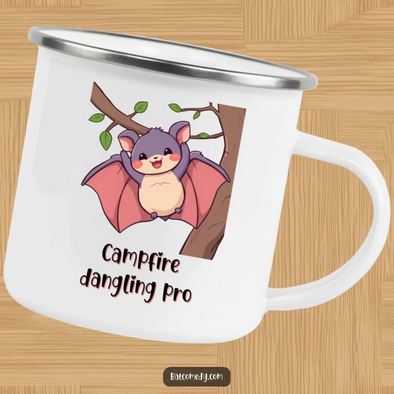 Funny camping mug illustration of a bat dangling from a branch with a wide, happy grin, ideal for outdoor humor.
