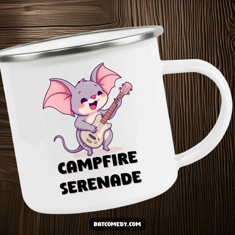 Funny camping mug featuring a kawaii bat enthusiastically playing a guitar, perfect for outdoor concerts and enjoying drinks in nature.