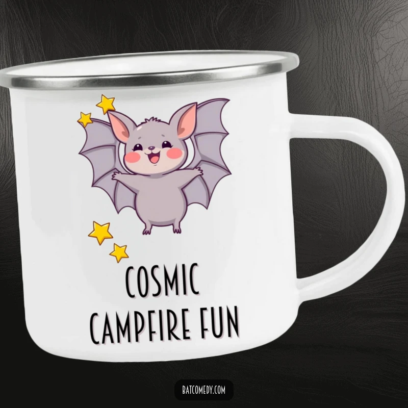 Funny camping mug featuring a bat excitedly juggling three tiny stars with its wings, perfect for outdoor cosmic fun.