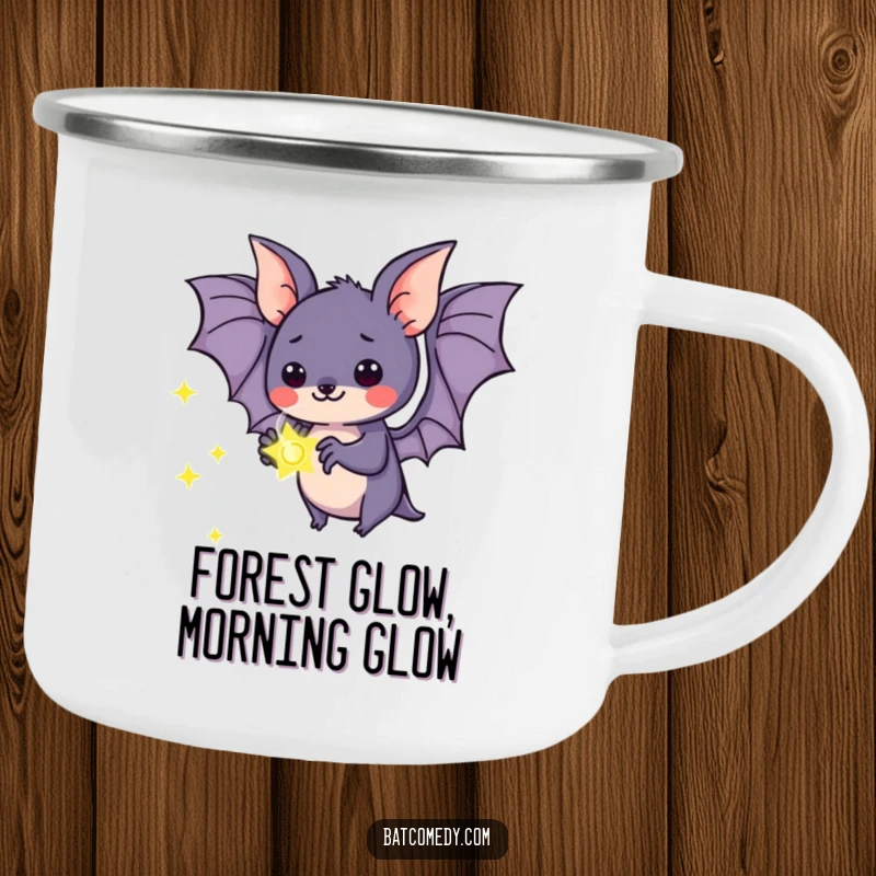 Funny kawaii bat camping mug with a bat holding a glowing firefly, designed for outdoor beverage enjoyment.