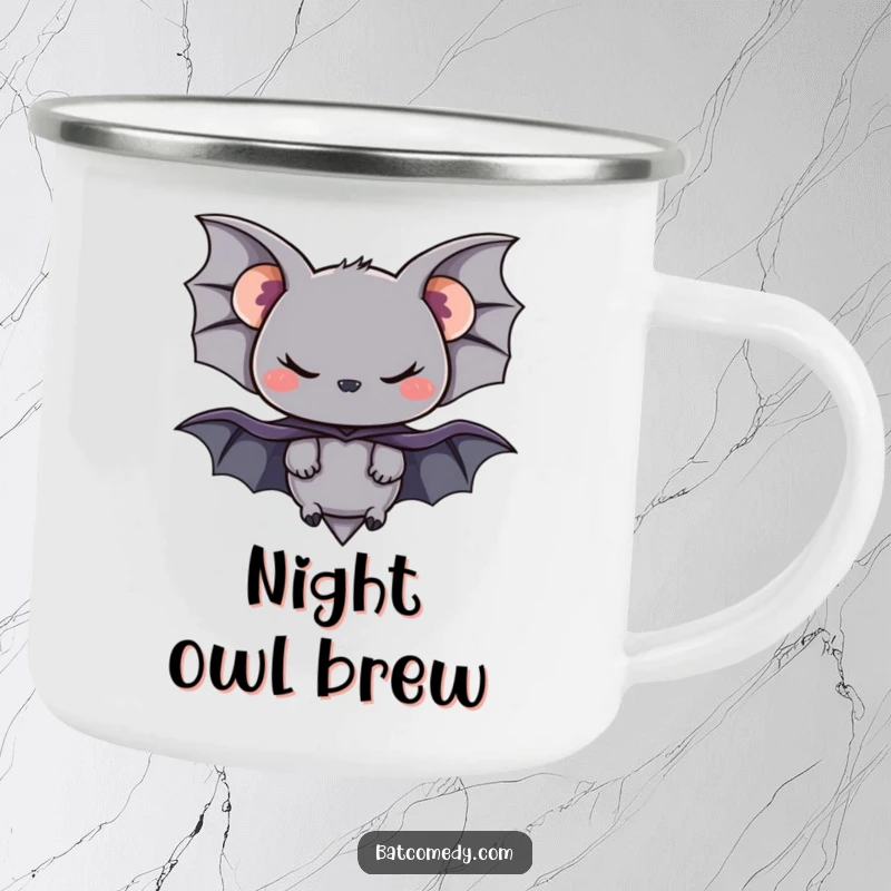 Funny enamel camping mug with a black bat in a small cape and a mischievous smirk, ready for the outdoors.