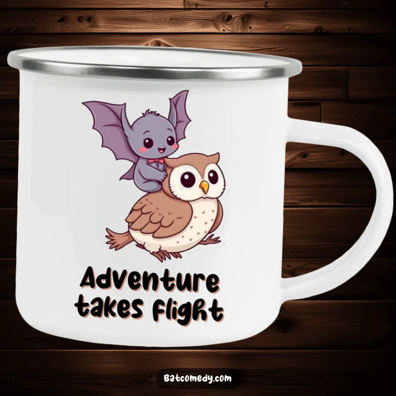 Funny camping mug with a charming scene of a bat giggling while riding an owl, perfect for outdoor humor.