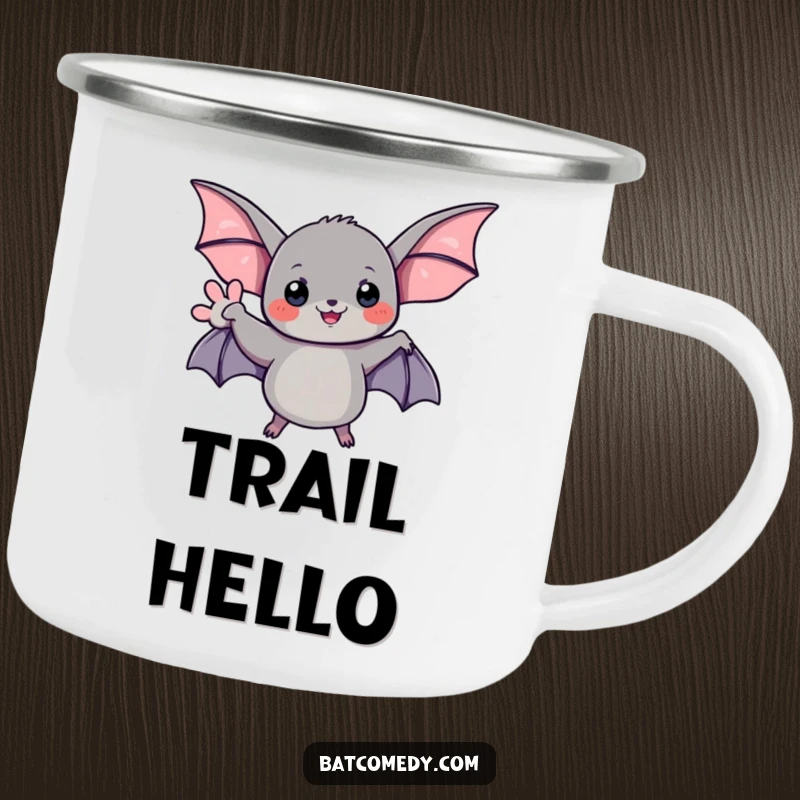 Funny enamel camping mug with a black bat giving a friendly wave with its wing, ready for the outdoors.
