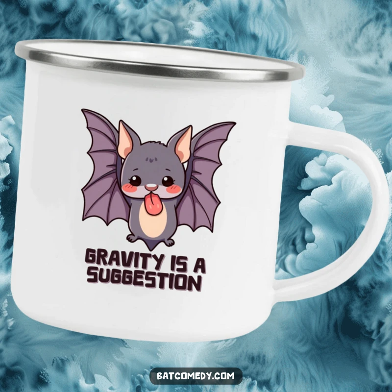 Funny camping mug featuring a cute bat hanging upside down with its tongue sticking out, perfect for outdoor enthusiasts.