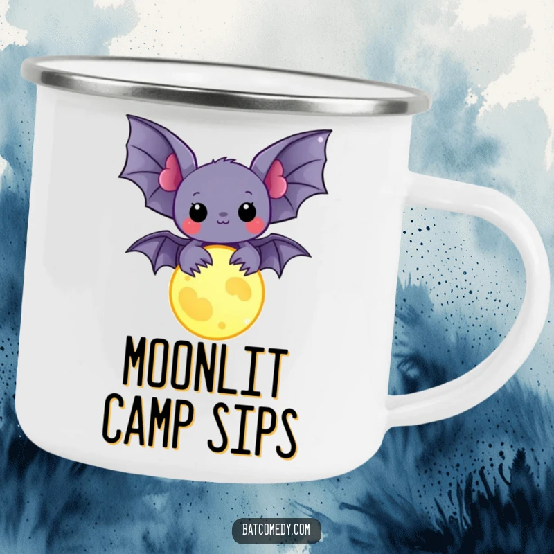 Funny kawaii bat holding a glowing moon charm on a camping mug, perfect for humorous and magical outdoor enjoyment.
