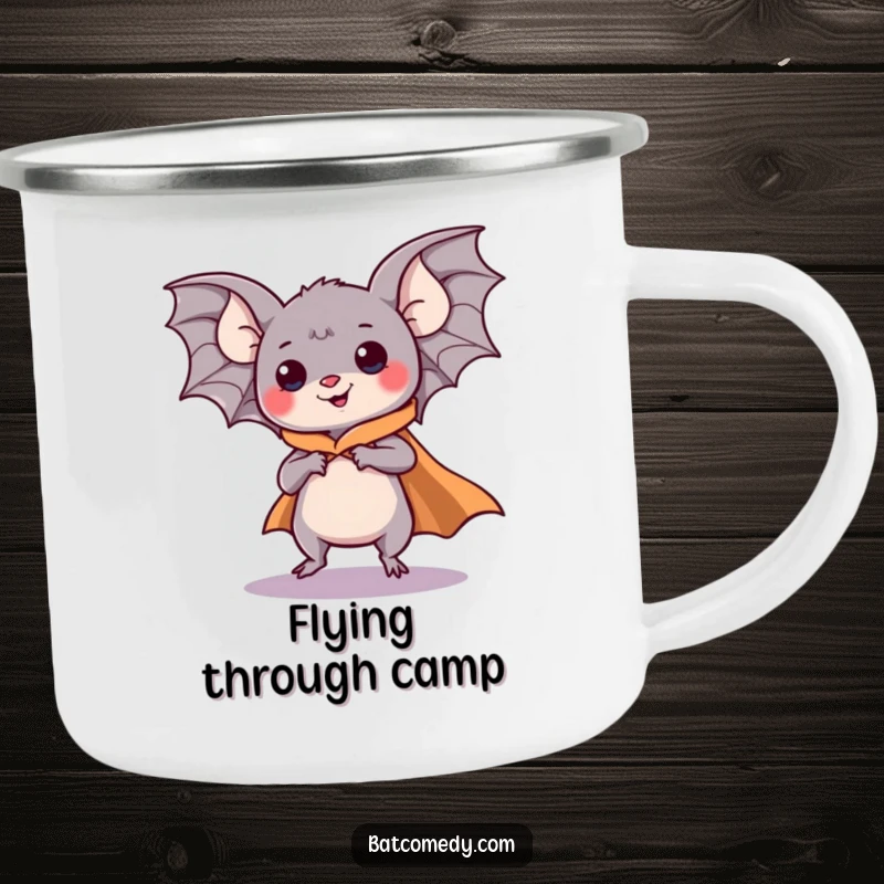 Funny kawaii bat wearing a cape and comically pretending to fly on a camping mug, designed for adventurous humor.