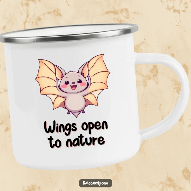 Funny kawaii bat camping mug with a bat spreading its wings wide in delight, durable for outdoor adventures.