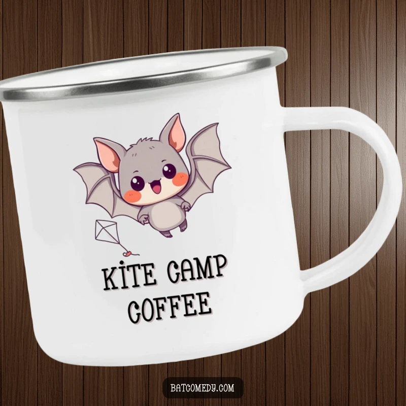 Funny enamel camping mug with a black bat with excited eyes, attempting to fly a miniature kite.