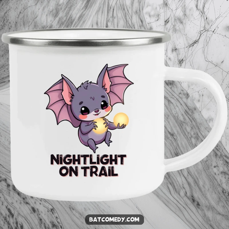 Funny bat camping mug featuring a bat holding a glowing orb in its claws, ideal for enchanting outdoor drinks.