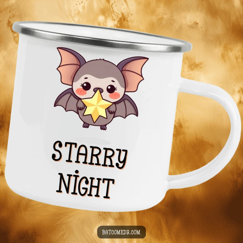 Funny enamel camping mug with a black bat balancing a sparkling star on its nose, perfect for outdoors.