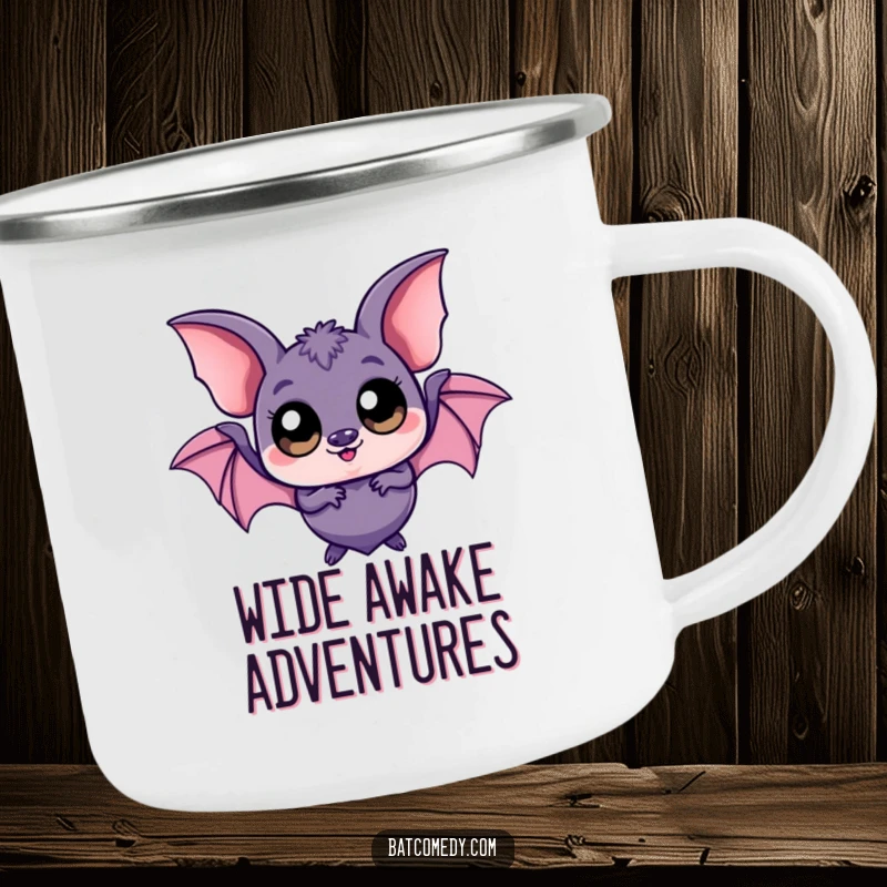 Funny kawaii bat camping mug with a playful bat character sporting large eyes, durable for outdoor adventures.