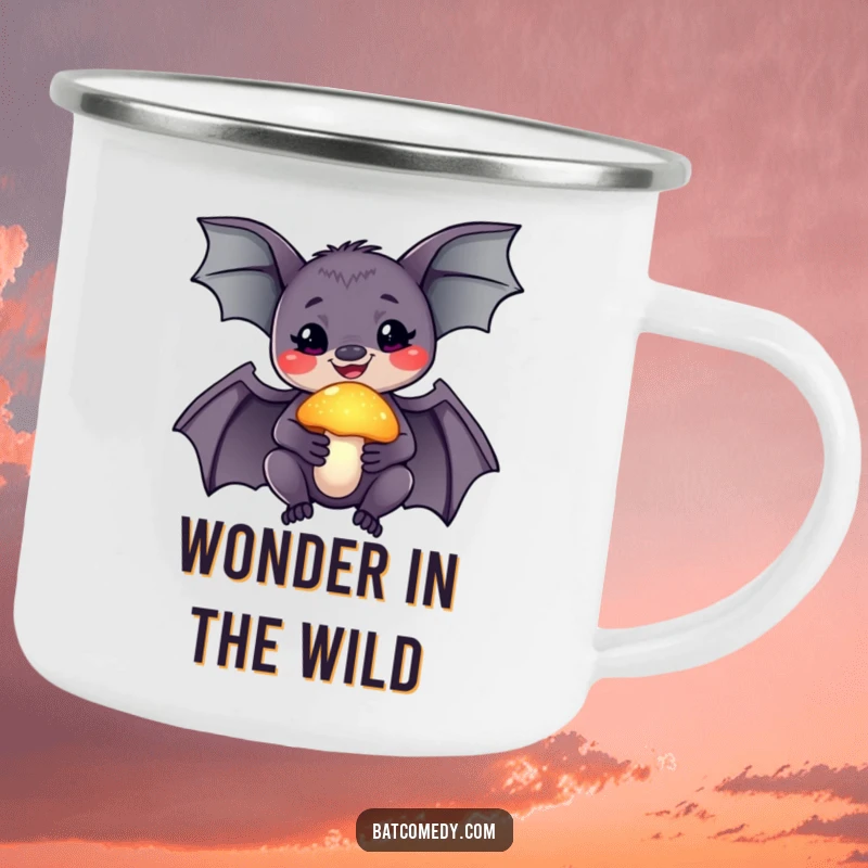 Funny camping mug featuring a smiling bat holding a glowing mushroom, perfect for enjoying nature's magic outdoors.