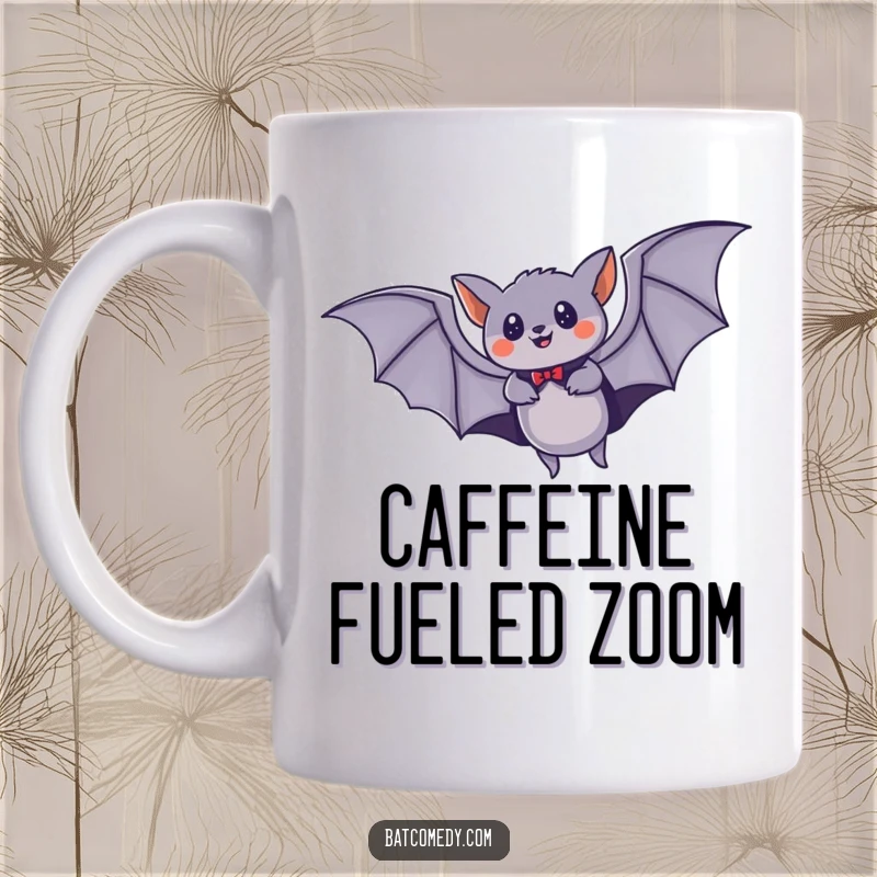 Funny mug with a bat wearing a tiny cape, soaring speedily through the night sky like a superhero, inspiring adventure.