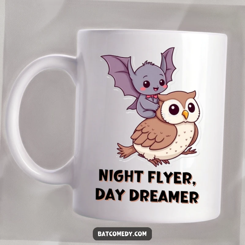 Funny mug showing a joyful bat giggling while riding on the back of a gentle owl, perfect for gifting.