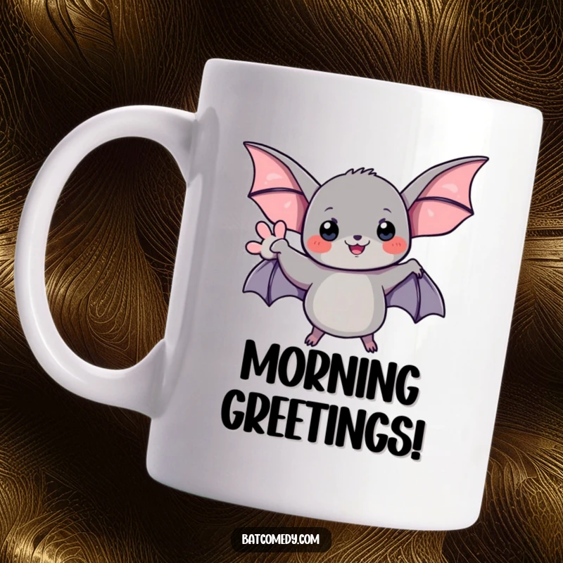 Funny mug featuring a black bat with its wing raised in a friendly wave, smiling warmly.