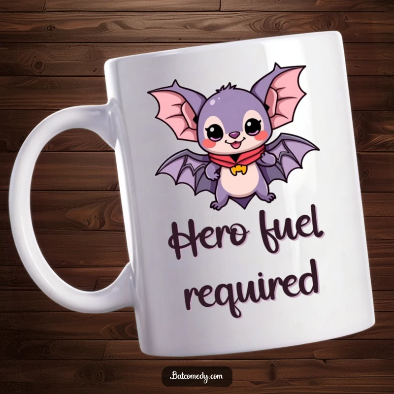 Funny mug featuring a cute kawaii bat wearing a red cape, looking determined and ready for adventure, embodying bravery and fun.