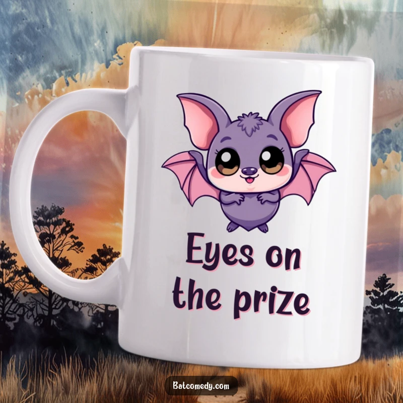 Funny kawaii bat mug with comically large eyes, conveying a mischievous and playful expression, perfect for tea lovers.