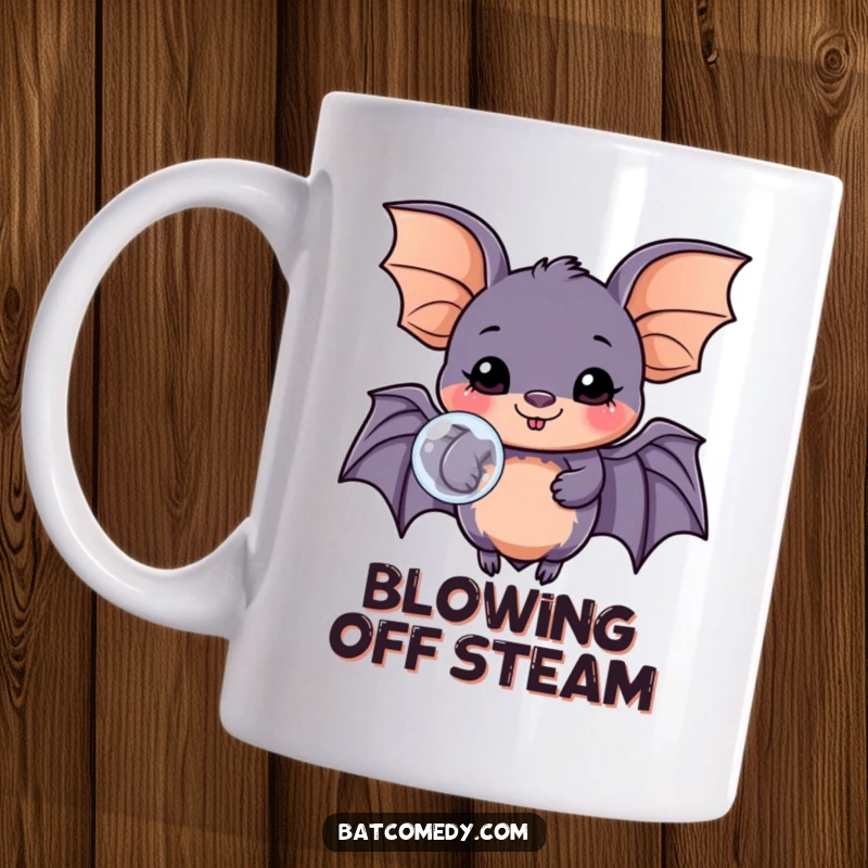 Funny kawaii bat mug featuring a happy bat blowing a large, transparent bubble, conveying pure joy and fun.