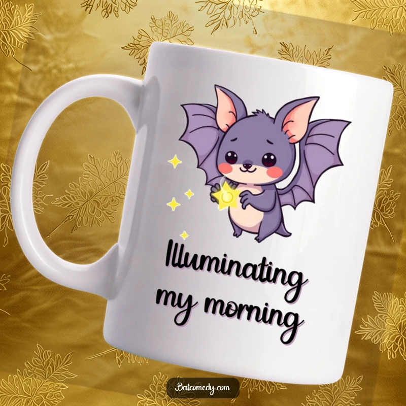 Funny kawaii bat mug showing a cute bat holding a glowing firefly, its oversized eyes filled with wonder.