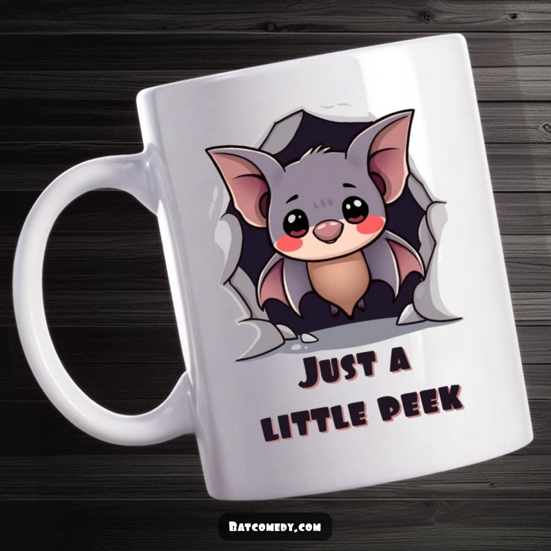 Funny mug shows a shy bat peeking from a cave with a hesitant, sweet smile, embodying gentle curiosity.