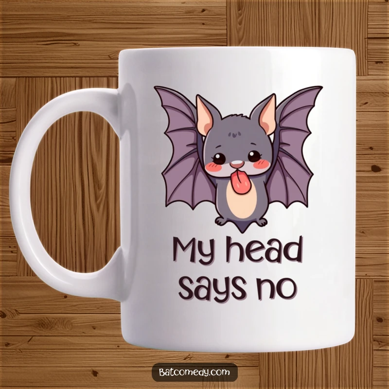 Funny mug with a cute bat hanging upside down, tongue sticking out in a happy, playful manner, perfect for bat lovers.