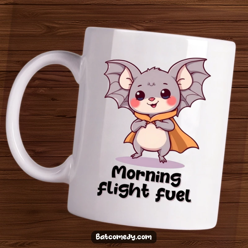 Funny kawaii bat wearing a flowing cape, comically pretending to fly with determination on a humorous mug.