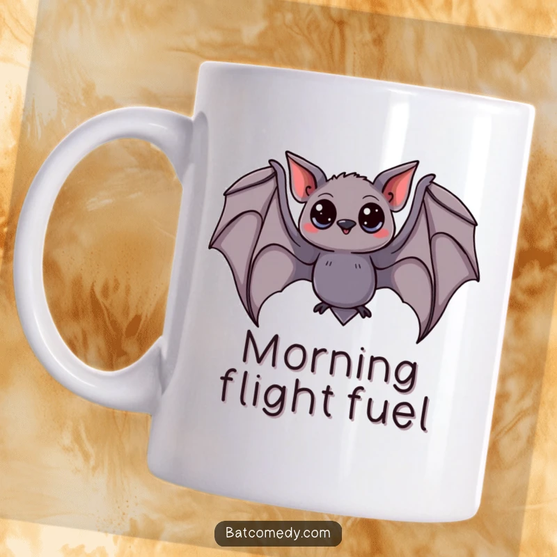 Funny bat mug showing a wide-eyed bat gracefully swooping with wings spread wide, capturing a sense of wonder and flight.