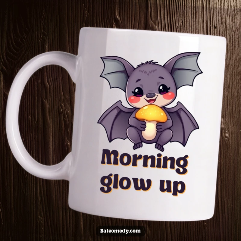 Funny mug featuring a smiling bat looking with wonder at a softly glowing mushroom, capturing a moment of magical discovery.