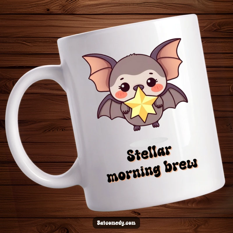 Funny mug depicting a black bat with a focused expression, perfectly balancing a sparkling star on its nose.