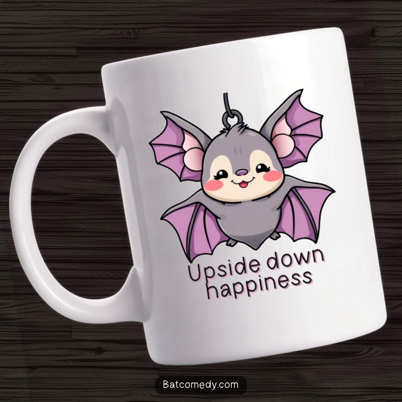 Funny kawaii bat with a wide, silly grin hanging upside down, looking mischievous and content on a humorous mug.