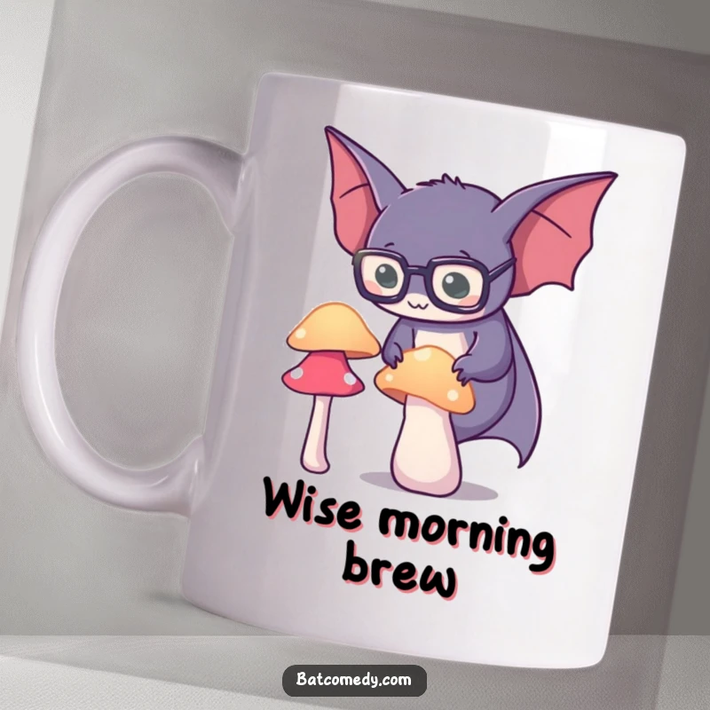 Funny spectacled bat mug showing a bat wearing tiny glasses, peering intently at a softly glowing mushroom in the dark.