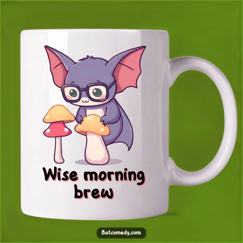 Funny Spectacled Bat Mug: Wise Creature and Glowing Mushroom Funny Gift