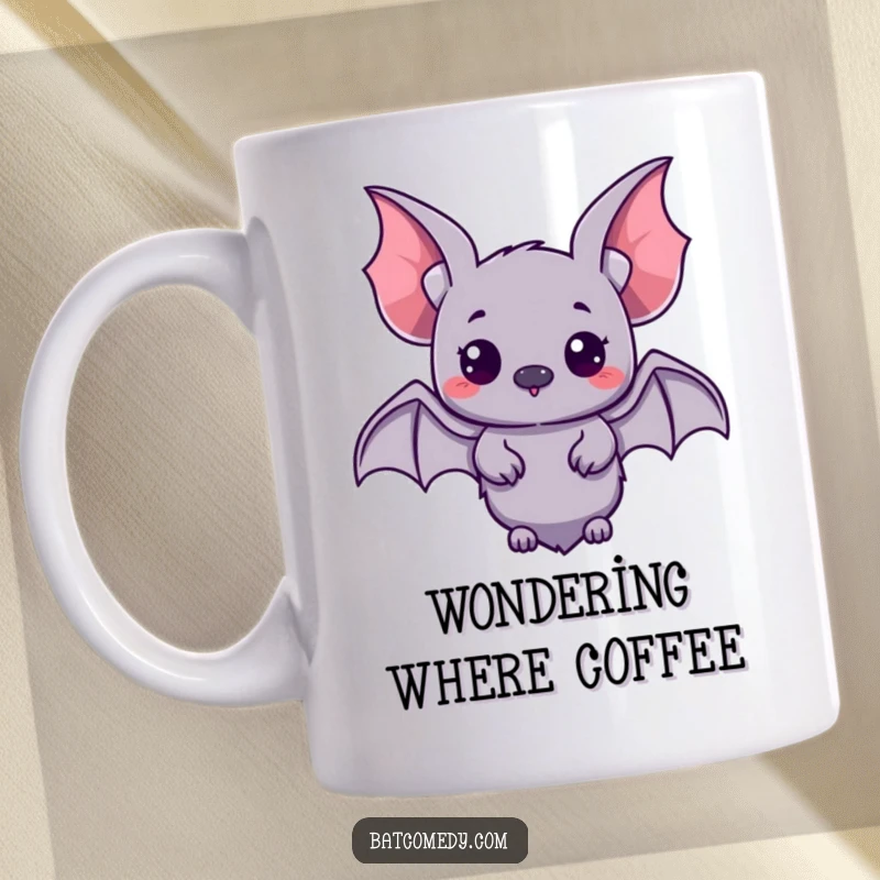 Funny kawaii bat with small wings spread, looking up with wide, curious eyes on a humorous mug.