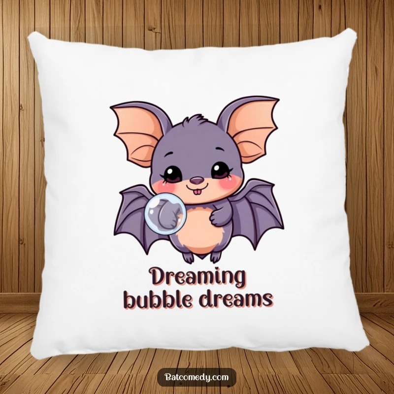 Funny kawaii bat pillow featuring a happy bat blowing a bubble, ideal for adding comfort and cheer to a sofa or bed.