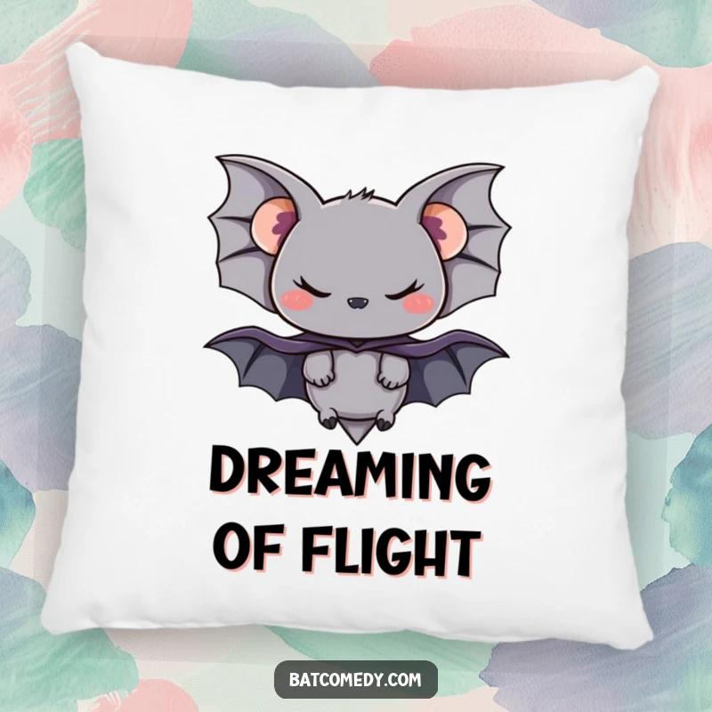 Funny pillow featuring a black bat in a small cape with a mischievous smirk, perfect for cozying up.