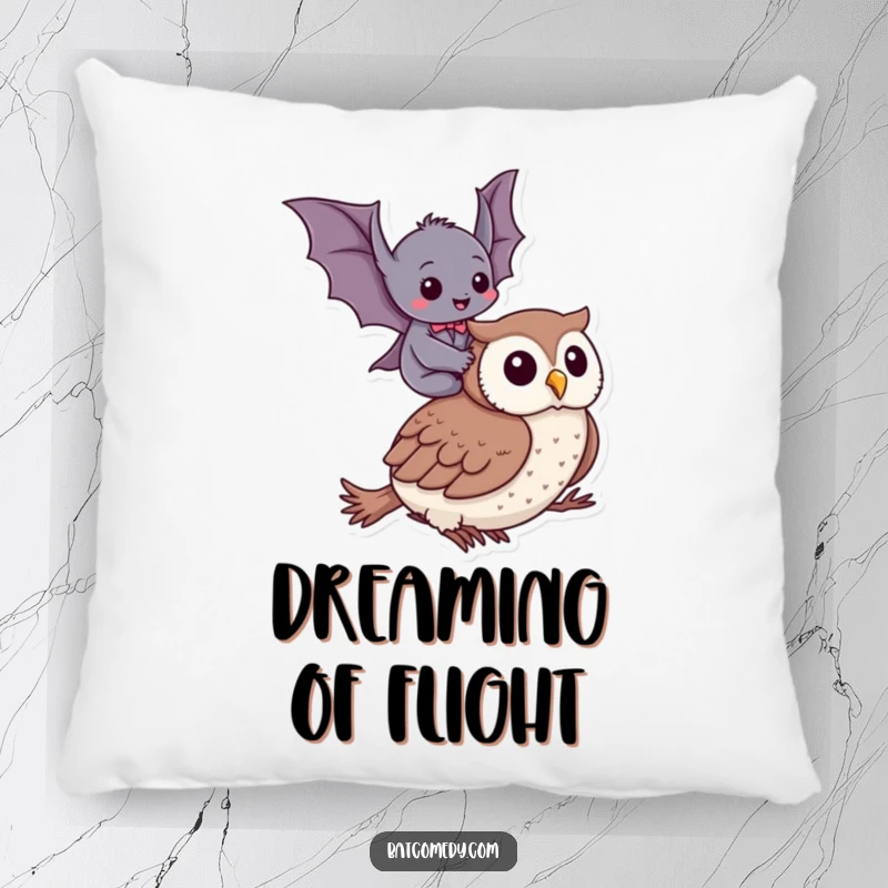 Funny pillow showcasing a delighted bat giggling while perched on a gentle owl's back, perfect for cozy, humorous decor.
