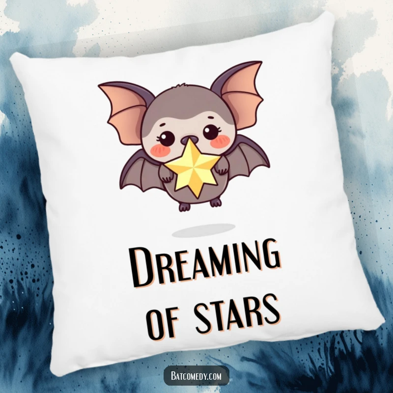 Funny pillow featuring a black bat balancing a sparkling star on its nose, adding a magical touch.