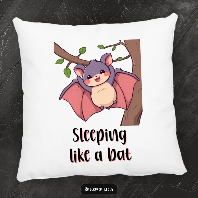 Funny pillow showcasing a bat hanging from a branch with a joyful, wide grin, adding comfort and humor.