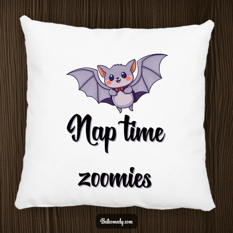 Funny pillow featuring a bat with a cape soaring rapidly through the night sky, offering comfort and heroic inspiration.